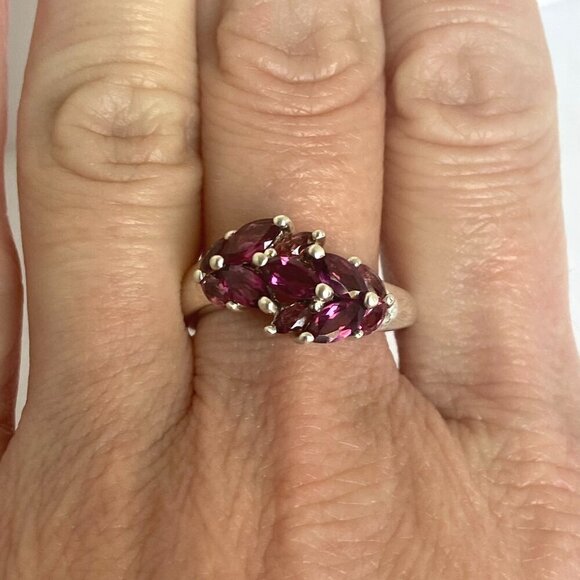 Sterling Silver 925 S&G Prong Set Garnet Marquise Cluster Cocktail Ring Sz 7.75 - Picture 1 of 16